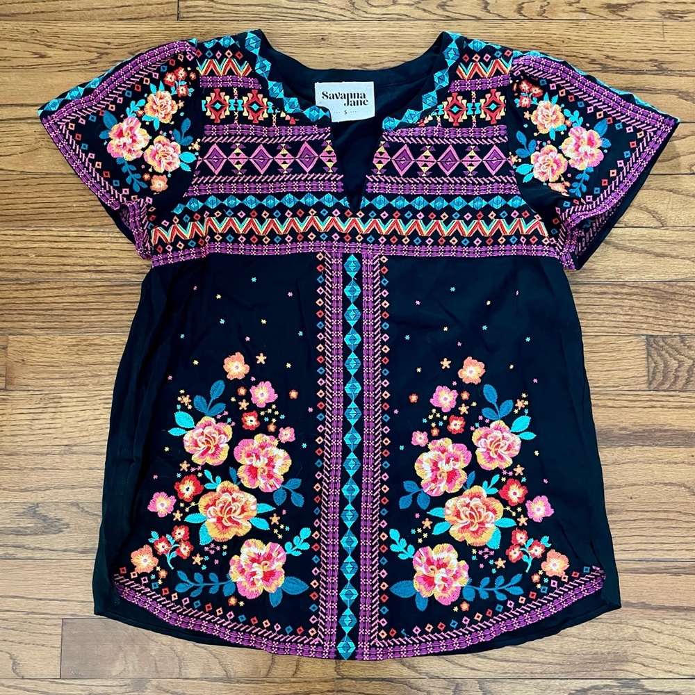 Savanna Jane Black Colorful Floral Embroidery Blouse Top Style T10467 Small NWT